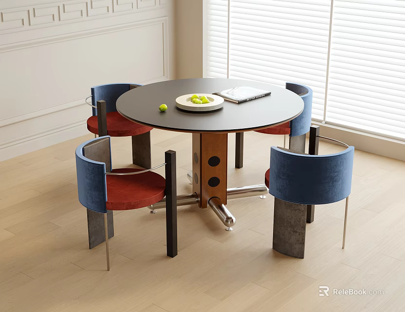 Modern Round Dining Table Set With Blue Backrest Red Seat Chairs Metal Legs Wooden Floor 3d model 