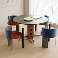 Modern Round Dining Table Set With Blue Backrest Red Seat Chairs Metal Legs Wooden Floor