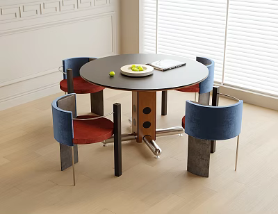 Modern Round Dining Table Set With Blue Backrest Red Seat Chairs Metal Legs Wooden Floor 3d model