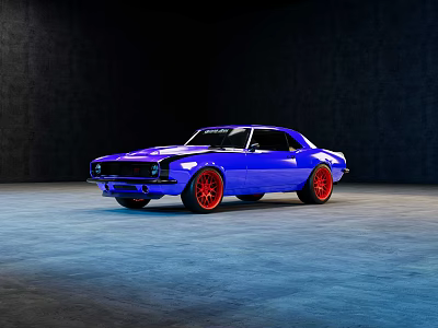 Blue Classic Sports Car With Red Wheels On Gray Floor Dark Background 3d model