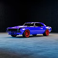 Blue Classic Sports Car With Red Wheels On Gray Floor Dark Background