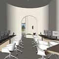 Modern Public Office Space Interior With Arched Opening White Chairs And Computer Monitors 3d model