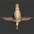 Light Colored Bird Sculpture With Spreading Wings And Orange Claws Standing On Dark Background