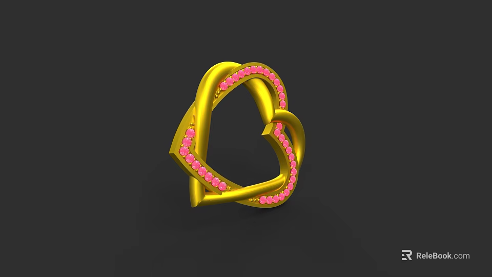 Elegant Gold Ring Adorned With Pink Gemstones In Intertwined Heart Design 3d model 