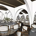 Elegant Banquet Hall Interior With Arched Walls Wooden Ceiling Round Tables And Green Plants
