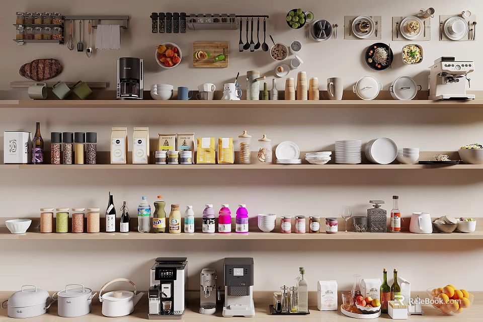 Open Kitchen Storage Shelves With Utensils Spices Appliances And Fresh Produce 3d model 