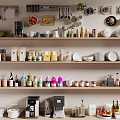 Open Kitchen Storage Shelves With Utensils Spices Appliances And Fresh Produce