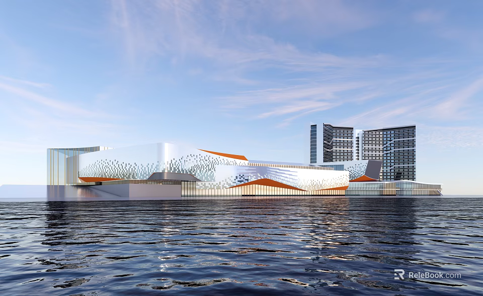 Modern Waterfront Architecture With Unique Glass Facade Wave Structure And Water Reflection 3d model