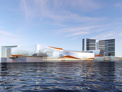 Modern Waterfront Architecture With Unique Glass Facade Wave Structure And Water Reflection 3d model