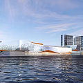 Modern Waterfront Architecture With Unique Glass Facade Wave Structure And Water Reflection 3d model