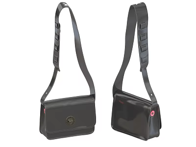 Two Black Crossbody Bags With Adjustable Straps Circular Emblem And Red Detail 3d model
