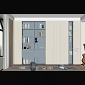 Modern Blue And Beige Bookshelf With Storage Shelves Figurines And Books In Living Room Interior