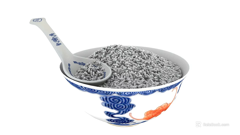Gray Granular Food Filled In Blue And White Patterned Bowl With Chinese Traditional Spoon 3d model 