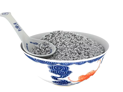 Gray Granular Food Filled In Blue And White Patterned Bowl With Chinese Traditional Spoon 3d model