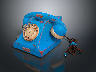Vintage Blue Rotary Dial Telephone With Worn Finish And Coiled Cord 3d model