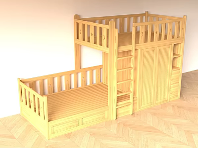 Wooden Children's Bunk Bed with Lower Bed Upper Sleeping Area Ladder Storage Cabinet and Bookshelf 3d model
