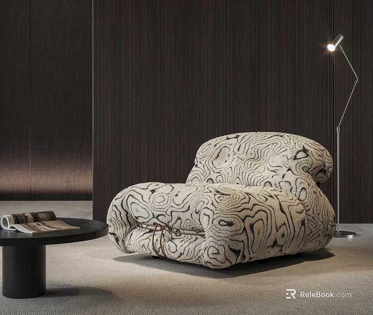 Curved Accent Chair with Black White Wavy Pattern and Floor Lamp Side Table 3d model 