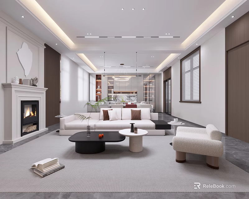 Modern Open Concept Living And Dining Room Interior With Fireplace White Sofa And Coffee Table 3d model 