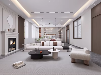 Modern Open Concept Living And Dining Room Interior With Fireplace White Sofa And Coffee Table 3d model