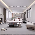 Modern Open Concept Living And Dining Room Interior With Fireplace White Sofa And Coffee Table