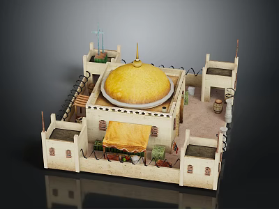 Traditional Domed Building Featuring Yellow Dome Walled Compound And Decorative Towers 3d model