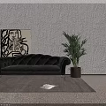 Elegant Tufted Velvet Two Seater Sofa With Metal Legs Abstract Painting And Green Plant