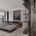 Modern Dining Living Room Interior With Open Layout Sofa TV Wall And Marble Accents