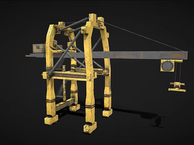 Cartoon Style Yellow Crane Mechanical Structure with Extended Arm and Hanging Hook 3d model