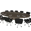 Oval Conference Table With Black Office Chairs And Tablets On Top
