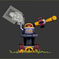 Colorful Turret Weapon With Smoke Pipe Yellow Cannon Barrel On Green Grass Base With Flowers