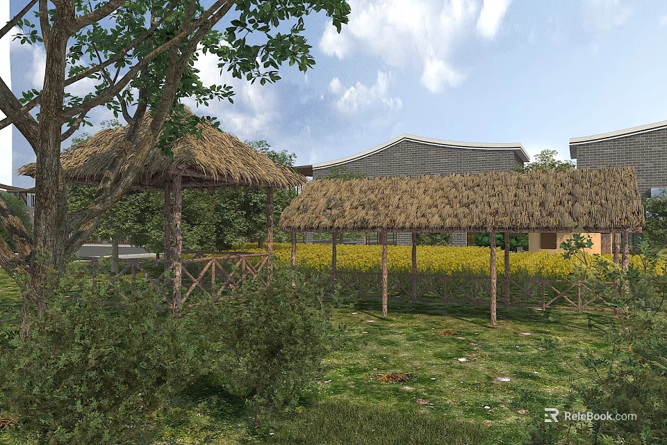 Scenic Garden Ornaments With Thatched Roof Pavilions Green Grass Trees And Yellow Flower Fields 3d model 