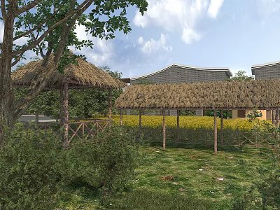 Scenic Garden Ornaments With Thatched Roof Pavilions Green Grass Trees And Yellow Flower Fields 3d model