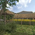 Scenic Garden Ornaments With Thatched Roof Pavilions Green Grass Trees And Yellow Flower Fields