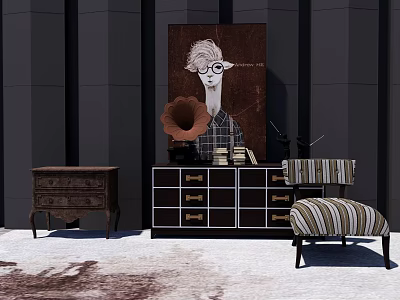 Elegant Modern Entryway Cabinet And Side Cabinet With Artwork Gramophone Striped Stool 3d model