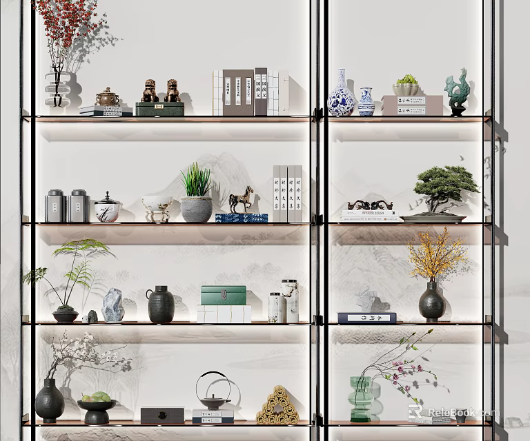 Modern Bookshelf Interior With Decorative Books Plants Vases And Ornaments 3d model 