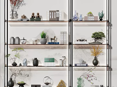 Modern Bookshelf Interior With Decorative Books Plants Vases And Ornaments 3d model