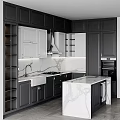 Modern Kitchen Interior With Black White Cabinetry Marble Island Countertops And Wine Rack