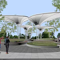 Modern White Membrane Canopy Pergola In Park With Trees And People Gathering