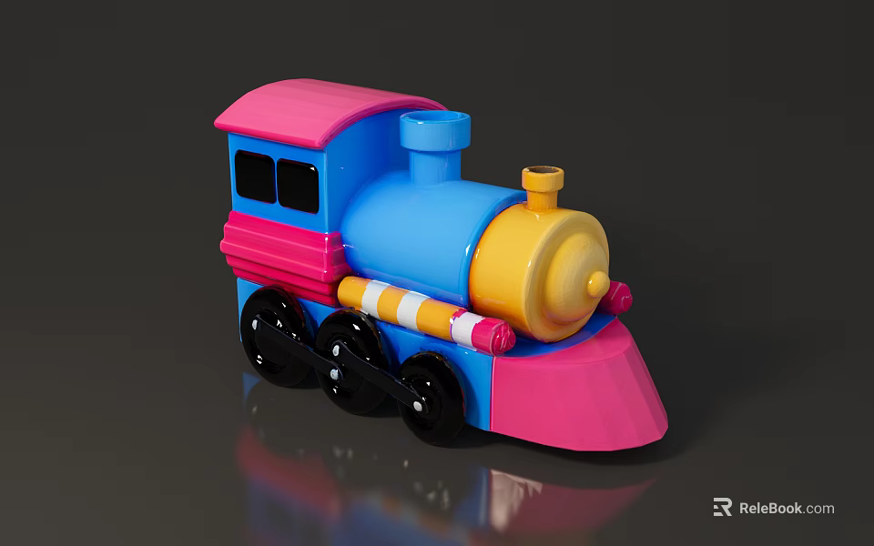 Colorful Toy Train Ornament Decoration Set with Pink Roof Blue Body Yellow Chimney Black Wheels 3d model 