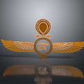 Sculpture Carving with Golden Wings Circular Emblem and Ornate Top Design