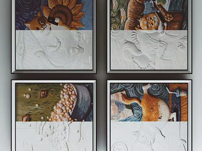 Four Framed Decorative Paintings With Animal Images Relief Texture And Natural Elements 3d model