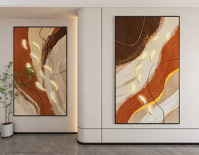 Abstract Wall Art Paintings With Brown Beige Tones And Green Plant In Modern Interior 3d model