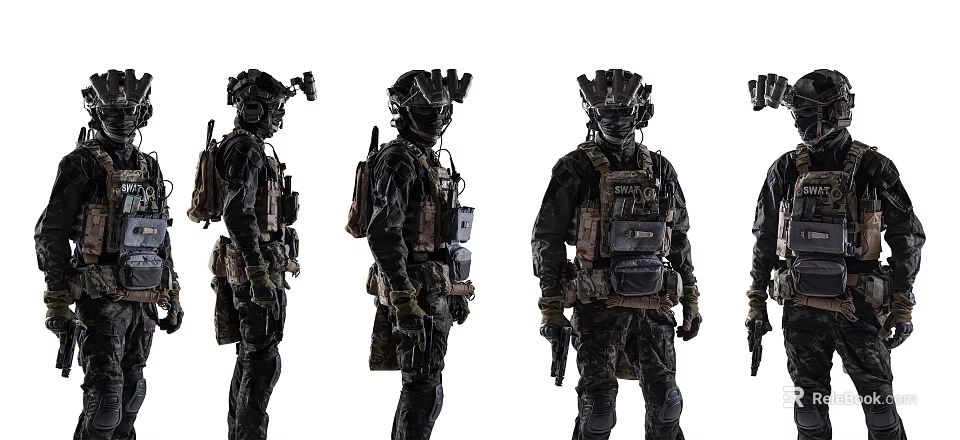 Men in Tactical Military Gear with Helmets Backpacks and Firearms 3d model 