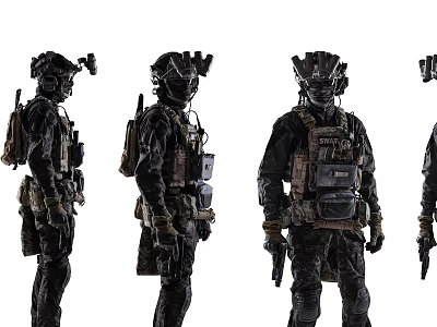 Men in Tactical Military Gear with Helmets Backpacks and Firearms 3d model