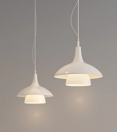 Two White Pendant Lights With Conical Tops And Wide Shades Illuminated On Gray Background Wall 3d model
