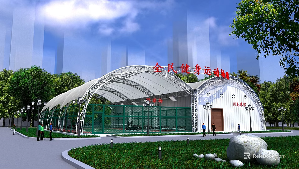Fitness Sports Venue With White Roof Structure Green Fencing And Outdoor Grass Area 3d model 