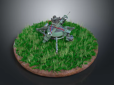 Detailed Game Character Mechanical Robot On Green Grass Circular Platform With Metal Structure And Cables 3d model
