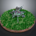 Detailed Game Character Mechanical Robot On Green Grass Circular Platform With Metal Structure And Cables