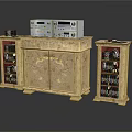 Golden Carved Console Table With Electronic Devices And Side Cabinets On Both Sides