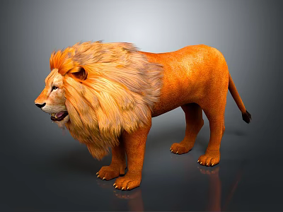 Realistic Lion with Fluffy Orange Mane Standing on Dark Surface 3d model